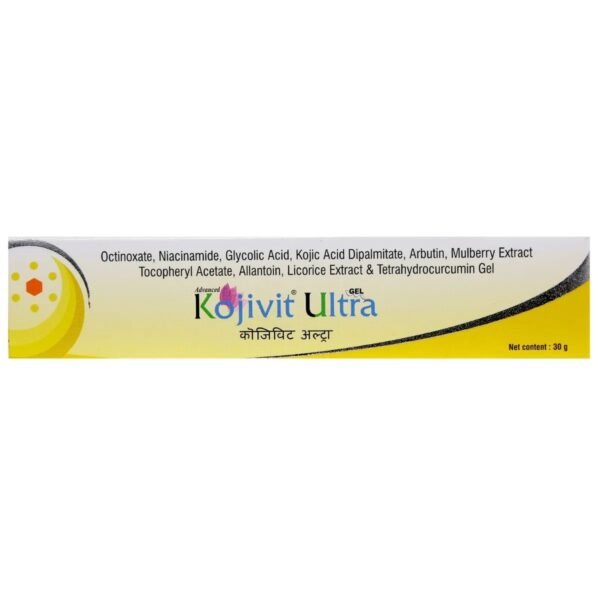 Front view of Kojivit Ultra Gel tube showing product name and key ingredients on a white background