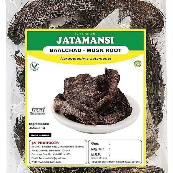 Front view of Jatamansi (Musk Root) pack showing dried root and clean herbal branding