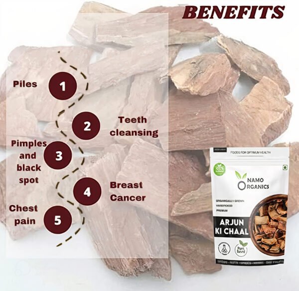 Organic Arjun ki Chaal including support for piles, teeth cleansing, pimples, chest pain, and more, with product pack and raw bark in the background