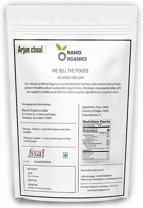Back view of Organic Arjun ki Chaal pack showing instructions, storage info, and ingredient details