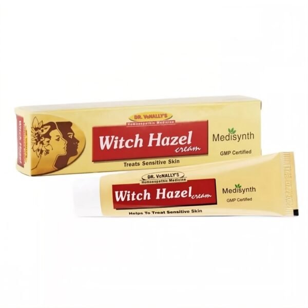 Front view of tube of Medisynth Witch Hazel Cream, 20g, showing clear label and packaging