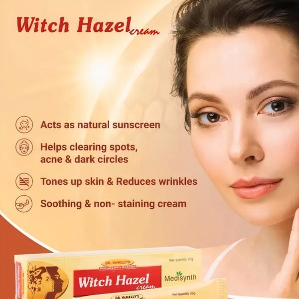 Benefits of Medisynth Witch Hazel Cream including natural sun protection, reduction of spots, acne, dark circles, wrinkle control, and skin toning in a non-staining cream