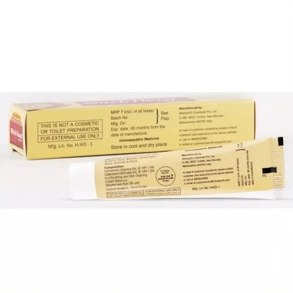 Backside of Medisynth Witch Hazel Cream showing usage directions, ingredients, and dosage